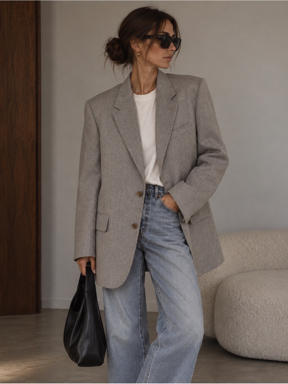 Vintage YSL Yves Saint Laurent Oversized Wool Blazer Gray Made France